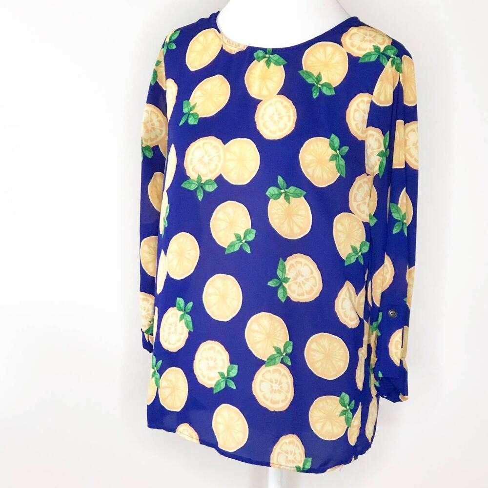 Everly Women Top Long Sleeve Lemon Print Large Blue Yellow